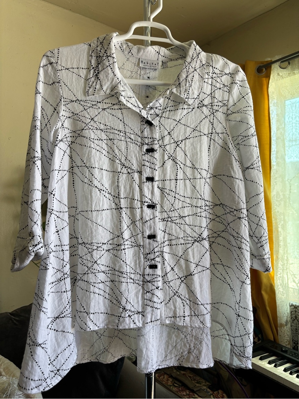 Habitat Button Front 3/4 Sleeve Top White Black Dotted Size M